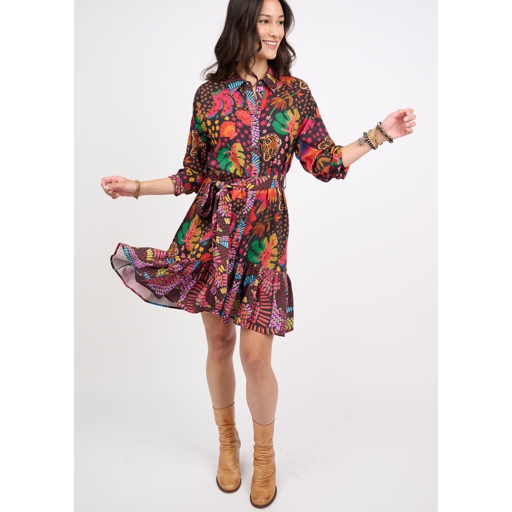 Uncle Frank Tiger Confetti Shirt Dress Long Sleeve Tie Waist Size XS Style 73615